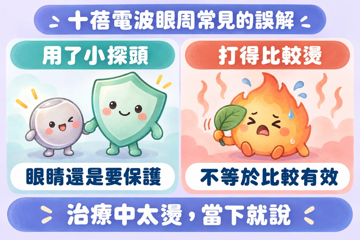 兩格對照:用了小探頭,眼睛還是要保護;打得比較燙,不等於比較有效;下方寫著治療中太燙,當下就說