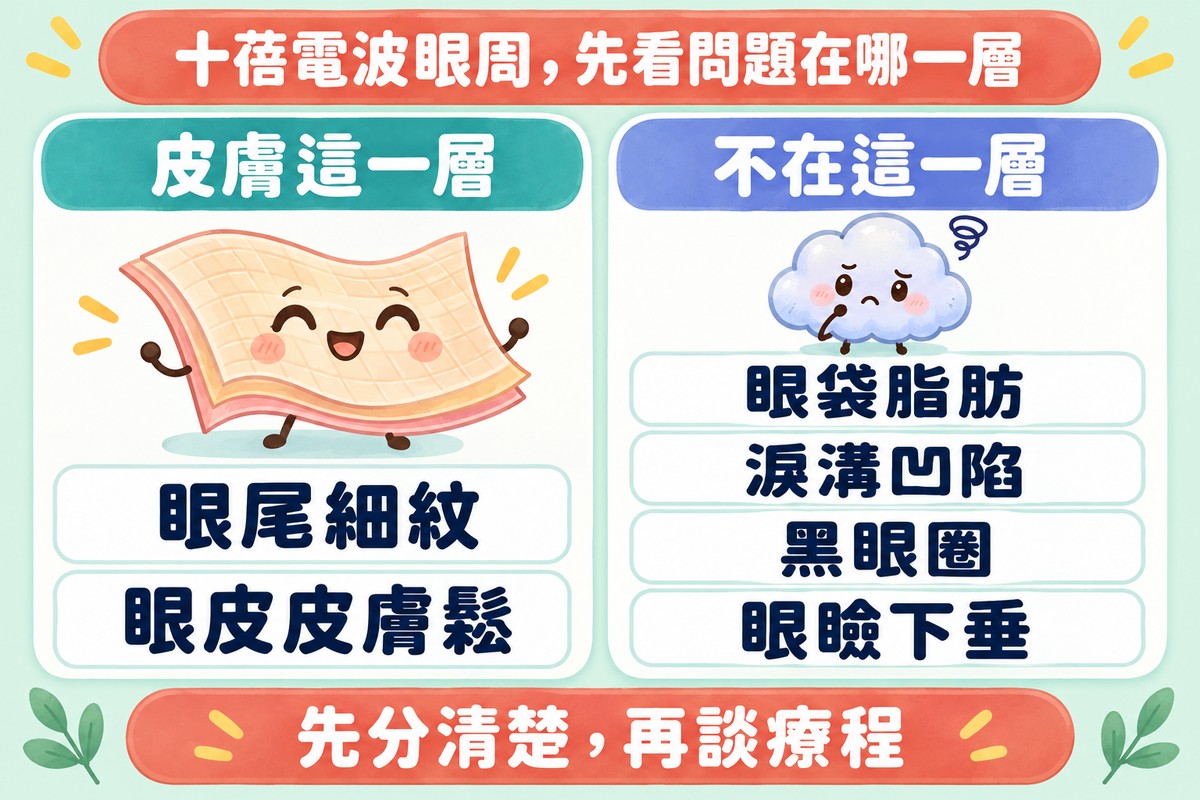 兩張卡片:皮膚這一層是眼尾細紋、眼皮皮膚鬆;不在這一層的是眼袋脂肪、淚溝凹陷、黑眼圈、眼瞼下垂;下方寫著先分清楚,再談療程