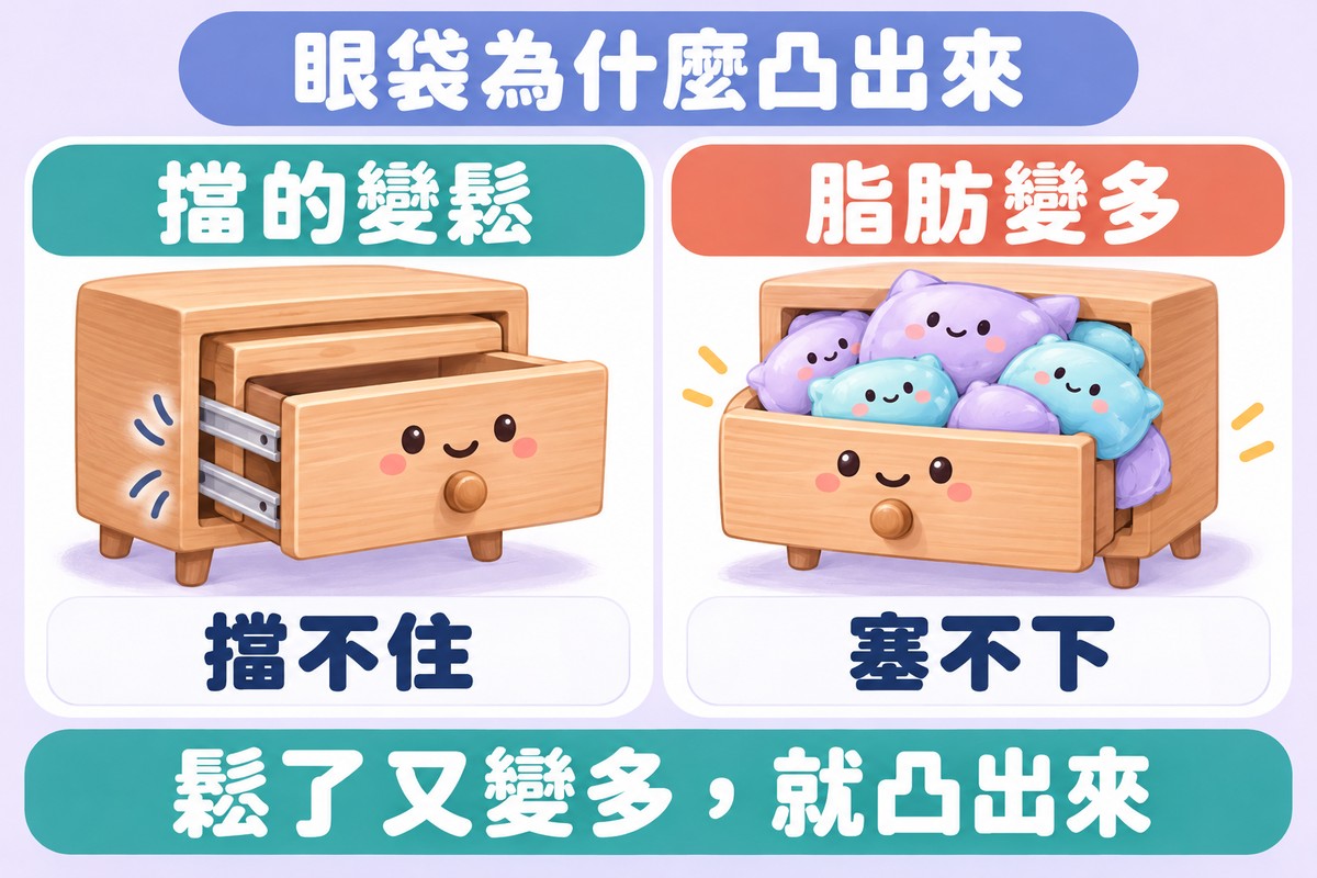 兩格對照的比喻圖:左邊滑軌鬆掉、抽屜滑出來的小抽屜角色寫著擋的變鬆、擋不住,右邊塞滿小枕頭關不上的小抽屜角色寫著脂肪變多、塞不下;上方寫著眼袋為什麼凸出來,下方寫著鬆了又變多,就凸出來