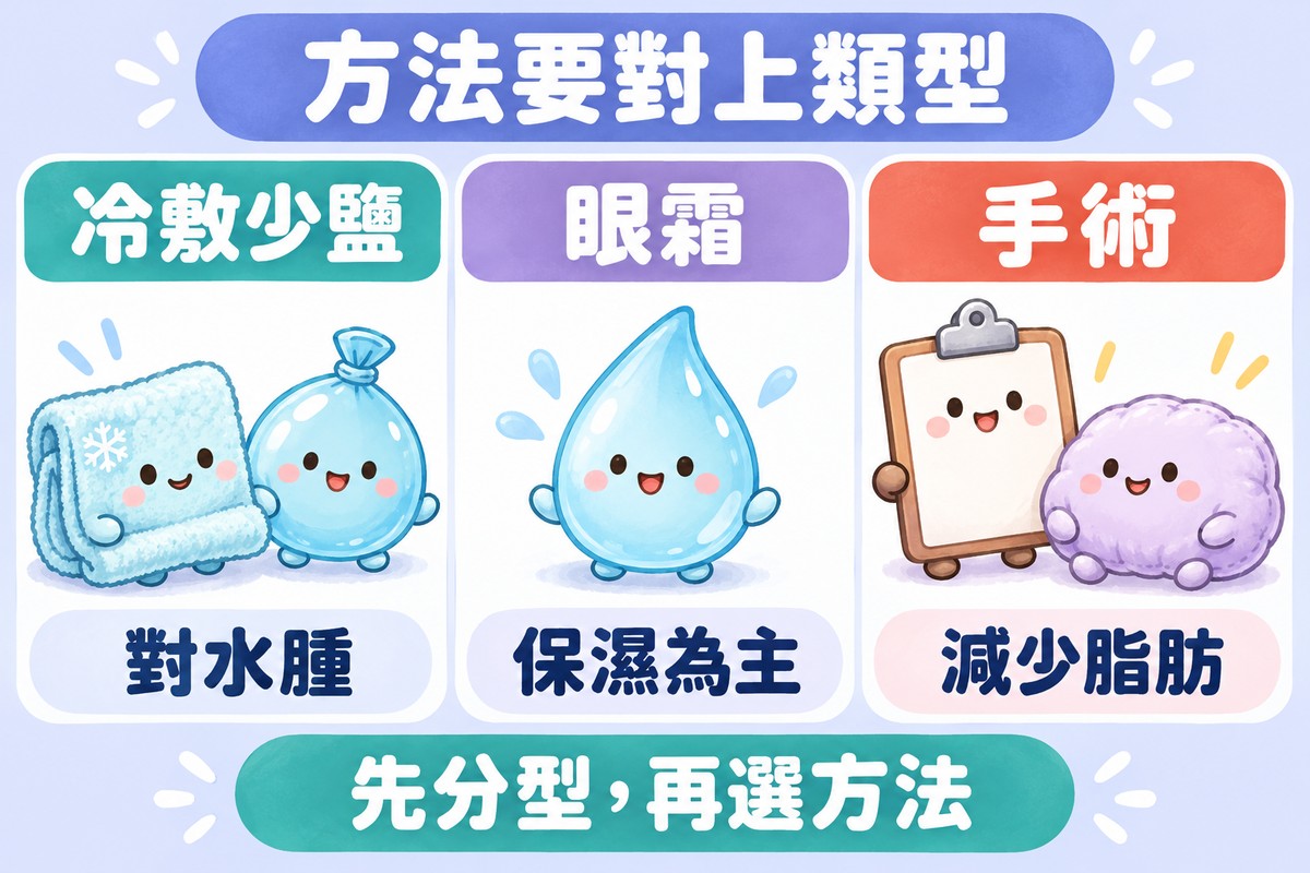 三張卡片的整理圖:印著小雪花的毛巾角色和小水球寫著冷敷少鹽、對水腫,小水滴角色寫著眼霜、保濕為主,空白寫字板角色和小枕頭寫著手術、減少脂肪;上方寫著方法要對上類型,下方寫著先分型,再選方法