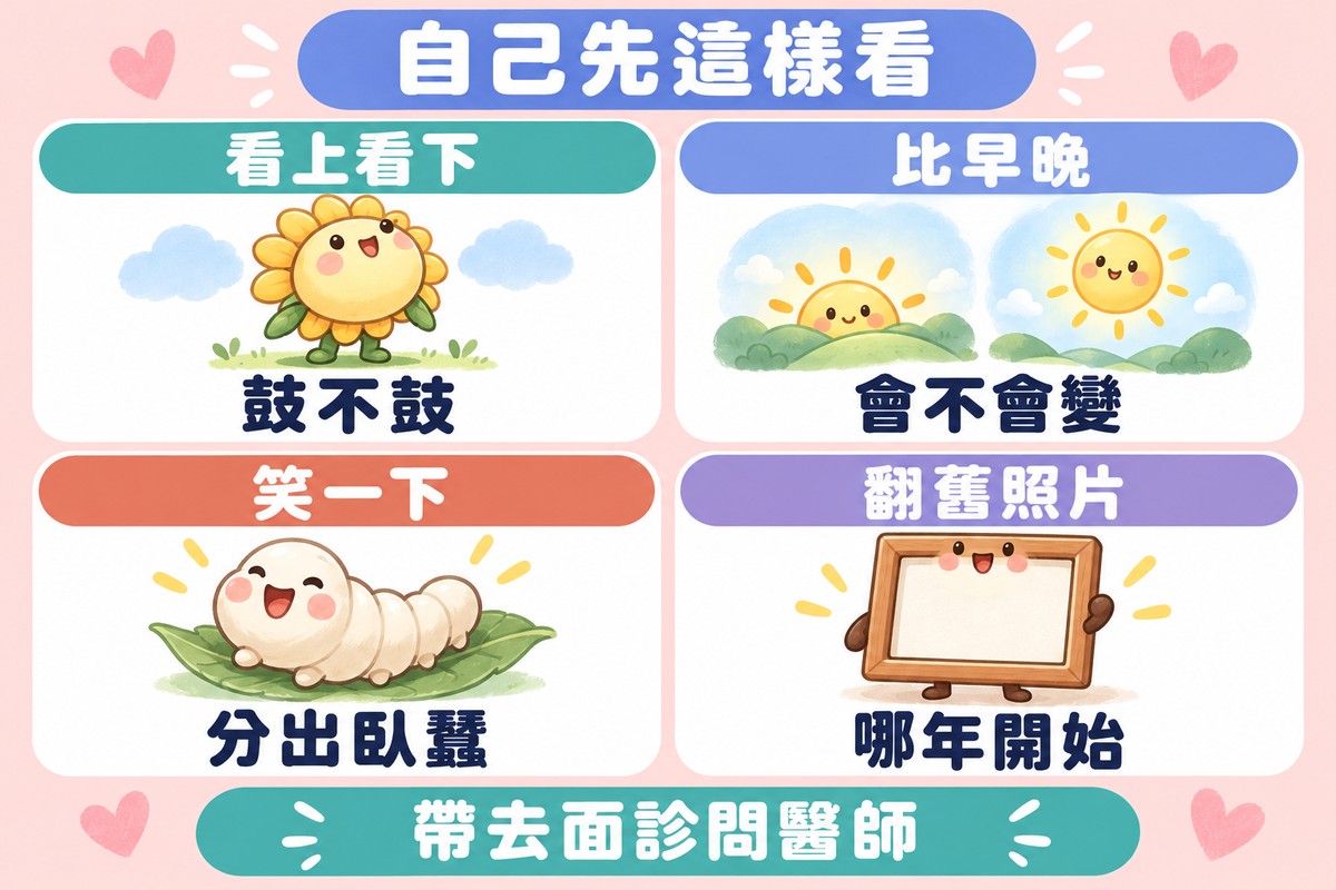 四格卡片的整理圖:抬頭的向日葵寫著看上看下、鼓不鼓,早上與下午兩個小太陽寫著比早晚、會不會變,笑咪咪的蠶寶寶寫著笑一下、分出臥蠶,空白相框寫著翻舊照片、哪年開始;上方寫著自己先這樣看,下方寫著帶去面診問醫師
