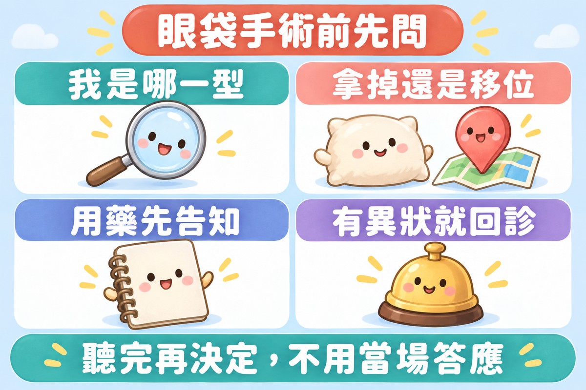 四格卡片的整理圖:放大鏡角色寫著我是哪一型,小枕頭旁邊有地圖針寫著拿掉還是移位,空白筆記本寫著用藥先告知,小鈴鐺寫著有異狀就回診;上方寫著眼袋手術前先問,下方寫著聽完再決定,不用當場答應