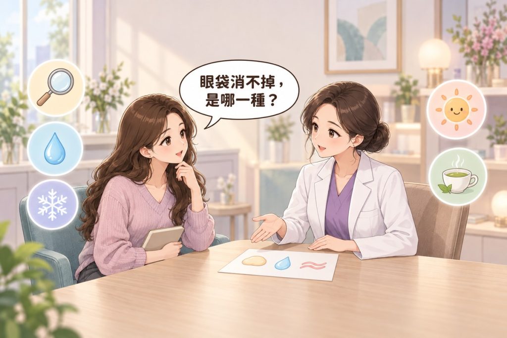 插畫:診間裡一位女性拿著空白的小筆記本發問,對面穿白袍的醫師比著桌上一張畫著小枕頭、小水滴與一條波浪線的紙平靜說明,周圍有放大鏡、水滴、雪花、太陽與茶杯的小圖示