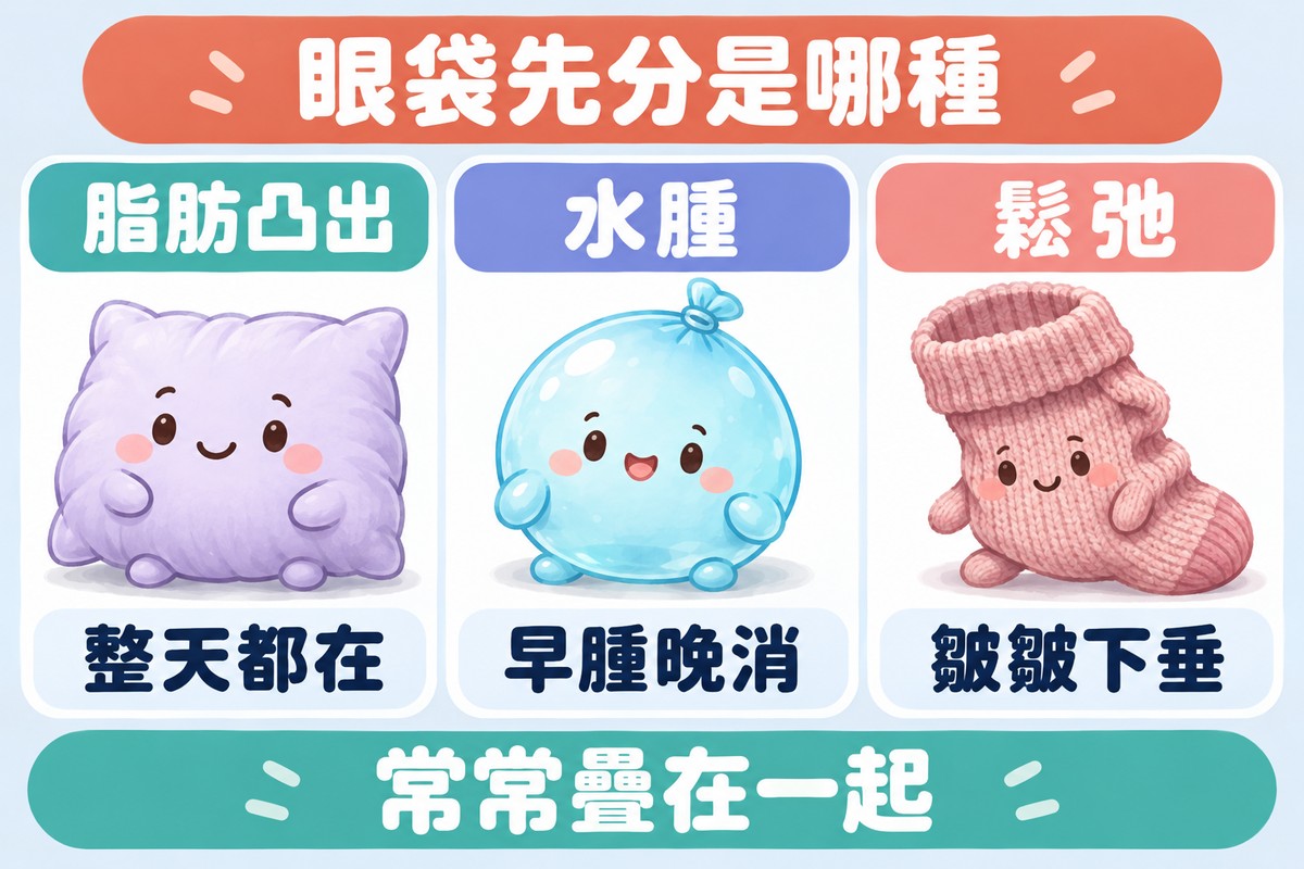 三張卡片的整理圖:小枕頭角色寫著脂肪凸出、整天都在,小水球角色寫著水腫、早腫晚消,鬆垮的毛線襪角色寫著鬆弛、皺皺下垂;上方寫著眼袋先分是哪種,下方寫著常常疊在一起