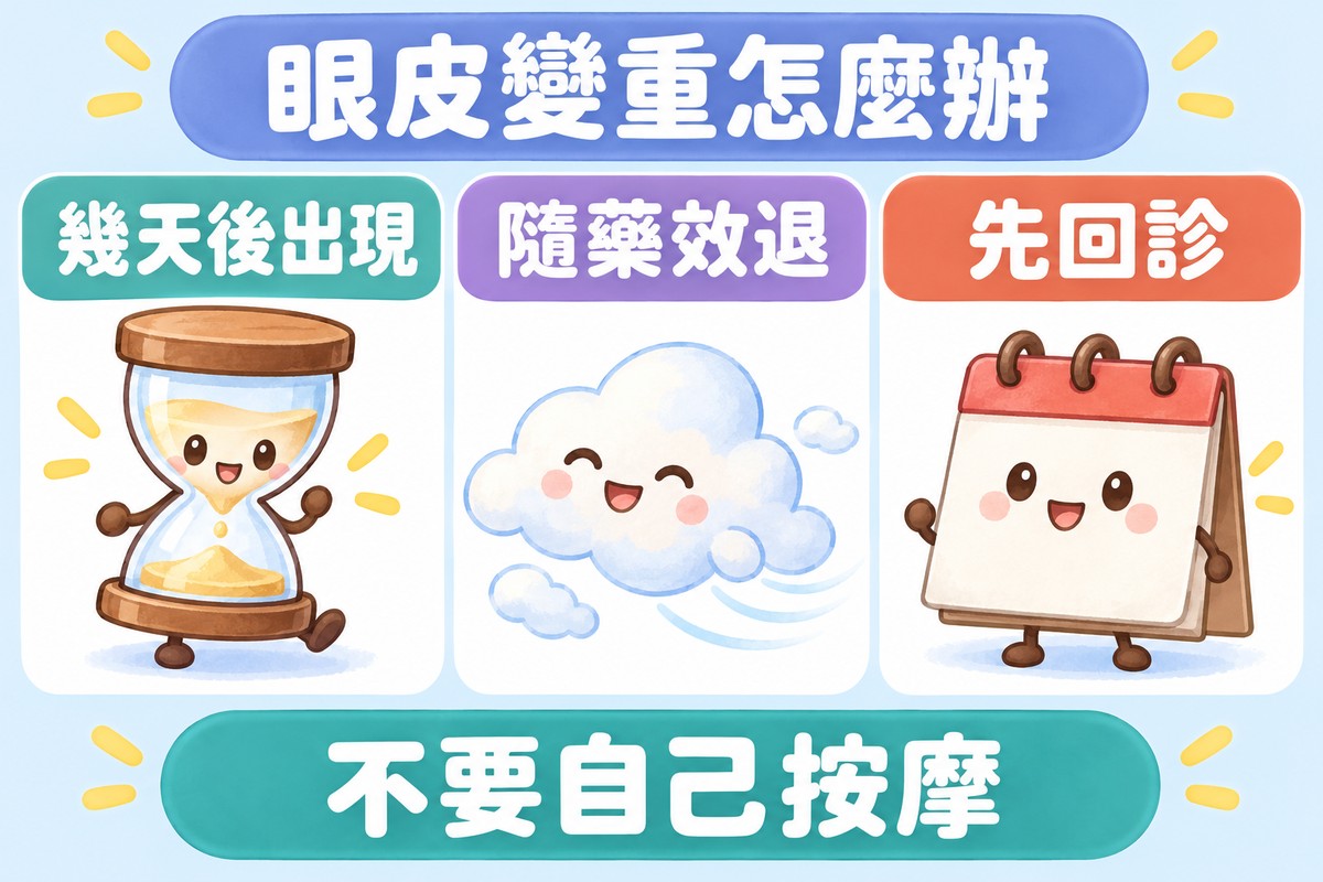 三張卡片的整理圖:一個沙漏寫著幾天後出現、一朵慢慢飄走的雲寫著隨藥效退、一本空白的小桌曆寫著先回診;上方寫著眼皮變重怎麼辦,下方寫著不要自己按摩