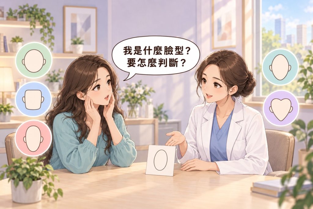 插畫：診間裡一位穿藍綠上衣的女性雙手捧著臉頰問「我是什麼臉型？要怎麼判斷？」，對面穿白袍的醫師比著桌上畫著橢圓輪廓的卡片向她說明，左右有圓臉、方臉、長臉、鵝蛋臉與心形臉五個臉型輪廓小圖示