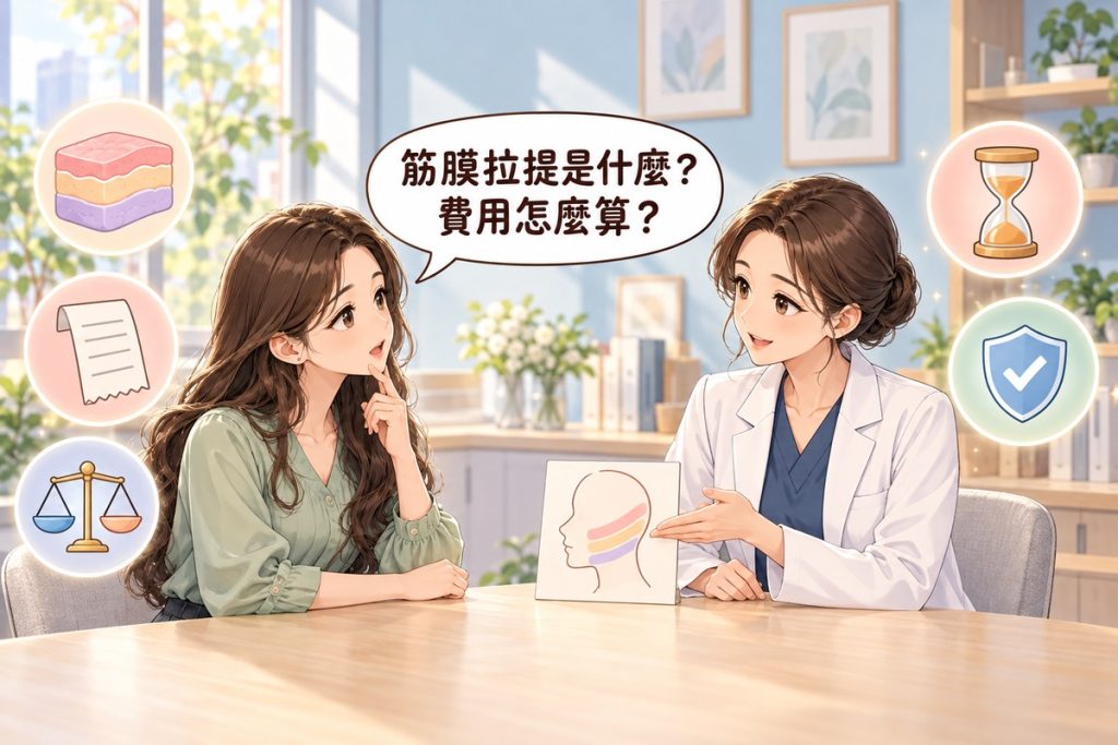 插畫：診間裡一位穿鼠尾草綠上衣的女性問「筋膜拉提是什麼？費用怎麼算？」，對面穿白袍的醫師比著桌上一張畫著側面頭部輪廓與三條淡色橫帶的卡片向她說明，左右有皮膚分層、收據、天平、沙漏與盾牌五個小圖示
