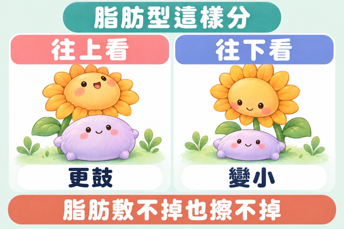 兩格對照的比喻圖:左邊抬頭往上看的向日葵角色下方,小枕頭角色鼓得比較出來,寫著往上看、更鼓;右邊低頭往下看的向日葵角色下方,小枕頭角色縮小一點,寫著往下看、變小;上方寫著脂肪型這樣分,下方寫著脂肪敷不掉也擦不掉
