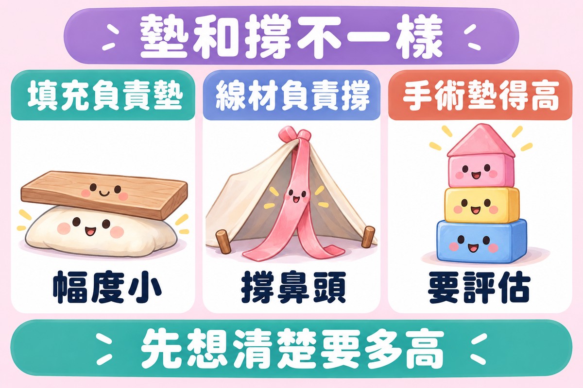 三格卡片的整理圖:薄薄的小軟墊墊著一塊小木板寫著填充負責墊、幅度小,一條緞帶撐起小帳篷的前端寫著線材負責撐、撐鼻頭,一疊高高的積木塔寫著手術墊得高、要評估;上方寫著墊和撐不一樣,下方寫著先想清楚要多高