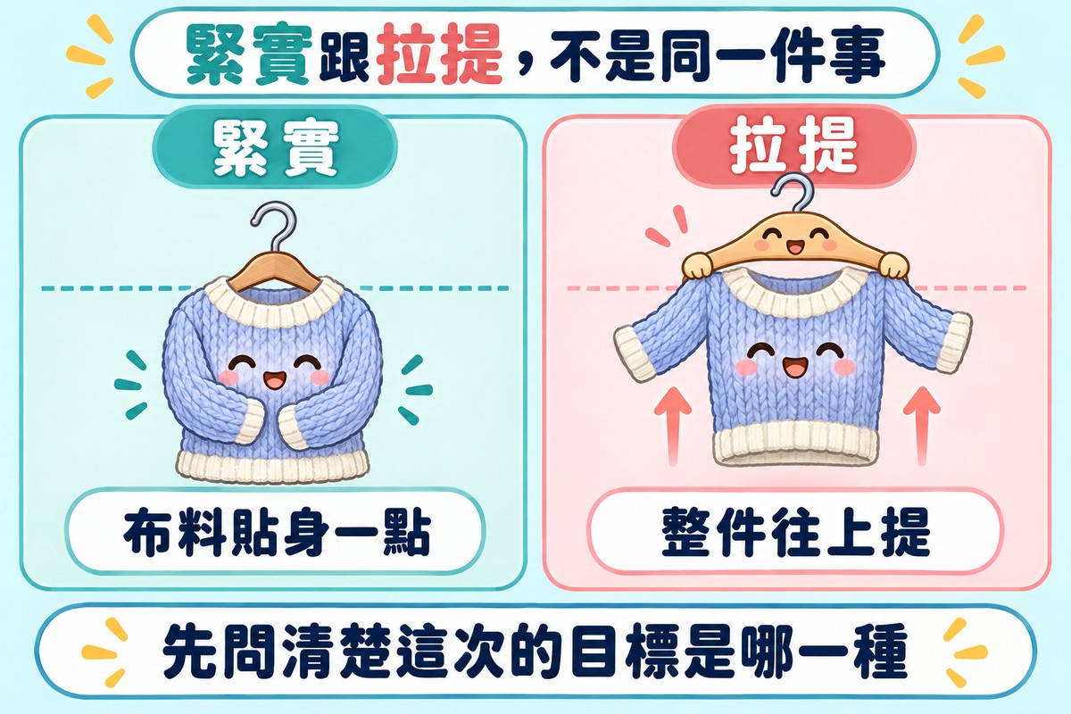 兩格對照的比喻圖:左邊的毛衣角色抱緊自己,說明緊實是布料貼身一點;右邊的毛衣被衣架整件往上提,說明拉提是整件往上提;下方提醒先問清楚這次的目標是哪一種