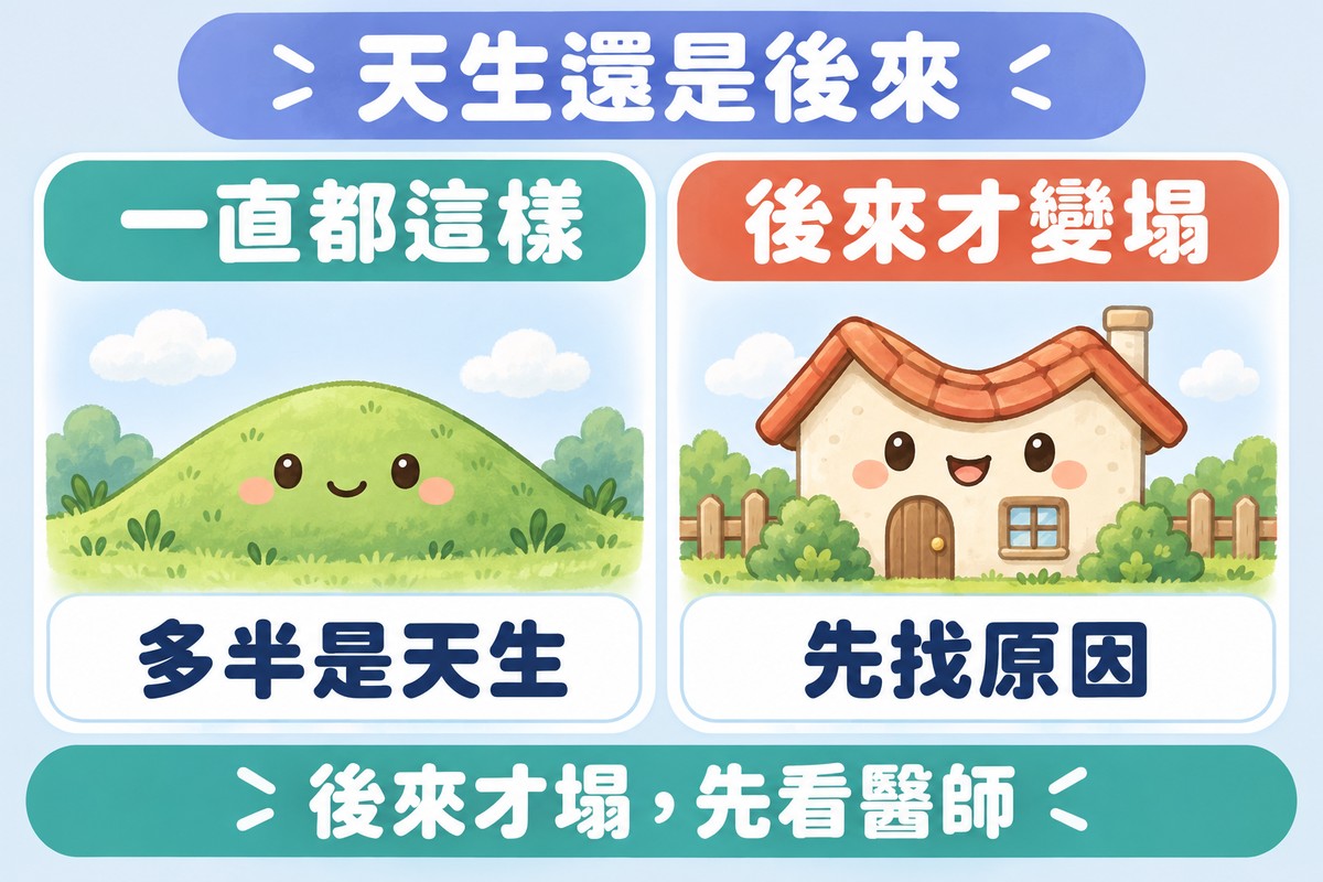 兩張卡片的整理圖:左邊一座低低的圓滑小山丘角色寫著一直都這樣、多半是天生,右邊一間屋頂中間往下凹的小屋角色寫著後來才變塌、先找原因;上方寫著天生還是後來,下方寫著後來才塌,先看醫師