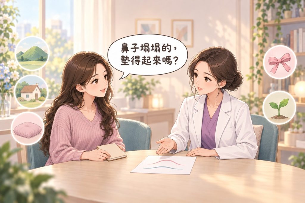 插畫：診間裡一位女性拿著空白的小筆記本發問，對面穿白袍的醫師比著桌上一張畫著兩條柔和曲線的紙平靜說明，周圍有小山丘、小屋、軟墊、緞帶與嫩芽的小圖示