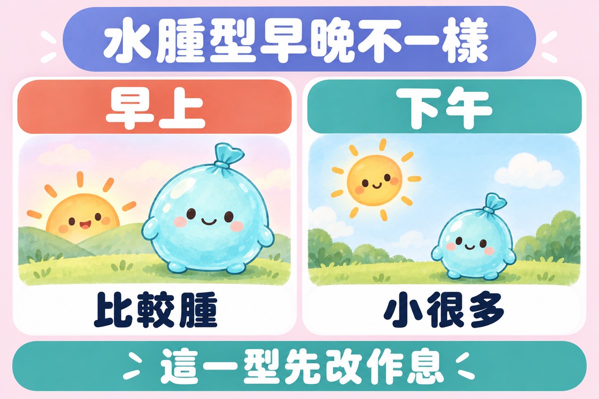 兩張卡片的整理圖:剛升起的小太陽旁邊有一顆鼓鼓的小水球角色,寫著早上、比較腫;高掛的小太陽旁邊的小水球明顯變小,寫著下午、小很多;上方寫著水腫型早晚不一樣,下方寫著這一型先改作息
