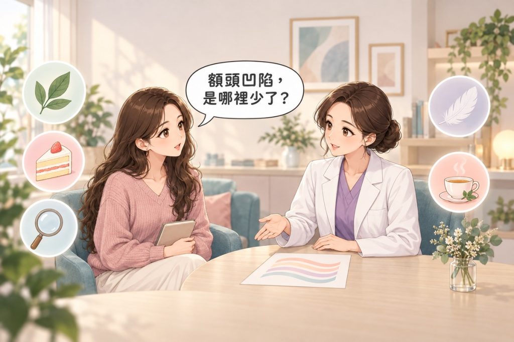 插畫：診間裡一位女性拿著空白的小筆記本發問，對面穿白袍的醫師比著桌上一張畫著幾條柔和波浪層次線的紙平靜說明，周圍有葉子、千層蛋糕、放大鏡、羽毛與茶杯的小圖示