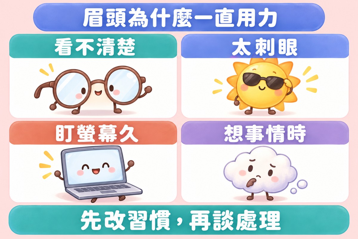 四格卡片的整理圖:一副鏡片空白的眼鏡寫著看不清楚、一個戴小墨鏡的太陽寫著太刺眼、一台螢幕空白的筆電寫著盯螢幕久、一朵疑惑的思考雲寫著想事情時;上方寫著眉頭為什麼一直用力,下方寫著先改習慣,再談處理