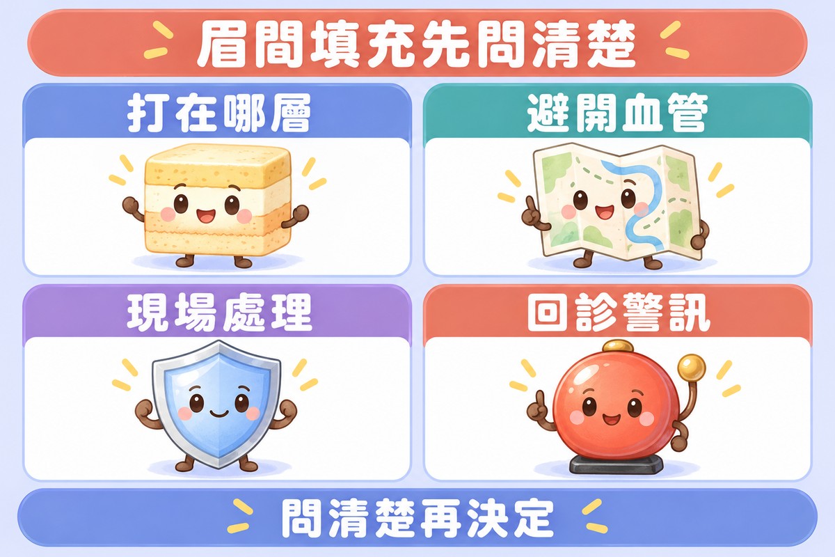 四格卡片的整理圖:一塊三層小蛋糕寫著打在哪層、一張畫著小路的地圖寫著避開血管、一面小盾牌寫著現場處理、一個安靜的小鬧鈴寫著回診警訊;上方寫著眉間填充先問清楚,下方寫著問清楚再決定
