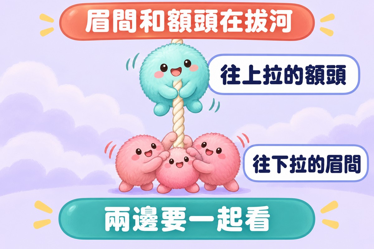 比喻圖:一條直立的軟繩,下方三顆小毛球往下拉、旁邊寫著往下拉的眉間,上方一顆大毛球往上拉、旁邊寫著往上拉的額頭;上方寫著眉間和額頭在拔河,下方寫著兩邊要一起看