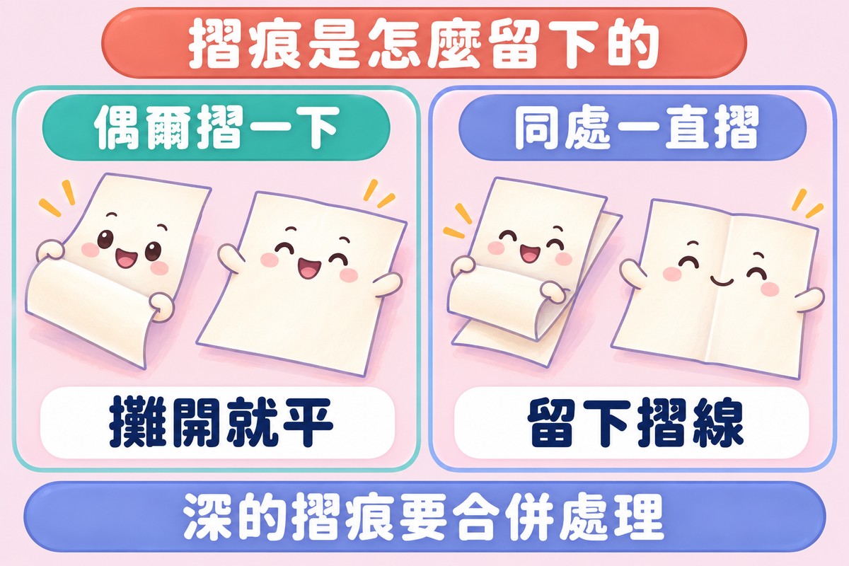 兩格對照的比喻圖:左邊一張偶爾摺一下的紙攤開就平、寫著偶爾摺一下、攤開就平,右邊一張同一處摺很多次的紙留著一條摺線、寫著同處一直摺、留下摺線;上方寫著摺痕是怎麼留下的,下方寫著深的摺痕要合併處理