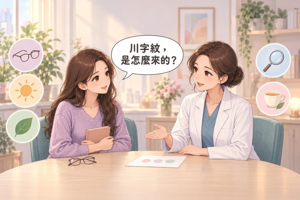 插畫：診間裡一位女性拿著空白的小筆記本發問，桌上放著一副眼鏡，對面穿白袍的醫師比著桌上一張畫著三個柔和小圓圈的紙平靜說明，周圍有眼鏡、太陽、葉子、放大鏡與茶杯的小圖示