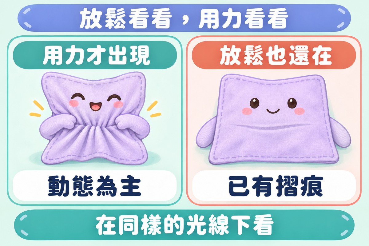 兩格對照的比喻圖:同一塊布料角色,左邊把兩側往中間收、中間聚成摺子、寫著用力才出現、動態為主,右邊放鬆攤平但中間留著一條細線、寫著放鬆也還在、已有摺痕;上方寫著放鬆看看,用力看看,下方寫著在同樣的光線下看