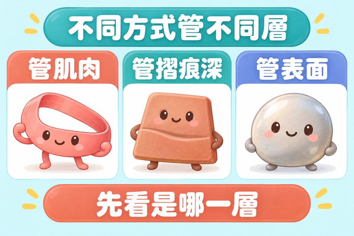 三張卡片的整理圖:一條放鬆的橡皮筋寫著管肌肉、一塊有淺溝的小石板寫著管摺痕深、一顆光滑的鵝卵石寫著管表面;上方寫著不同方式管不同層,下方寫著先看是哪一層