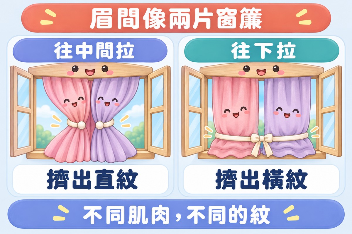 兩格對照的比喻圖:同一扇窗戶角色裡的兩片窗簾,左邊被往中間拉、寫著往中間拉、擠出直紋,右邊下緣被往下拉、寫著往下拉、擠出橫紋;上方寫著眉間像兩片窗簾,下方寫著不同肌肉,不同的紋
