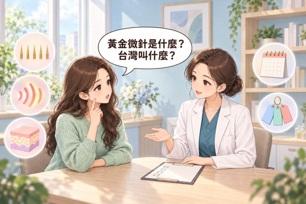 插畫：診間裡一位女性問黃金微針是什麼、台灣叫什麼，對面穿白袍的醫師比著桌上的記事板向她說明，周圍有金色微針、熱能波、皮膚分層、月曆與三個名牌的小圖示