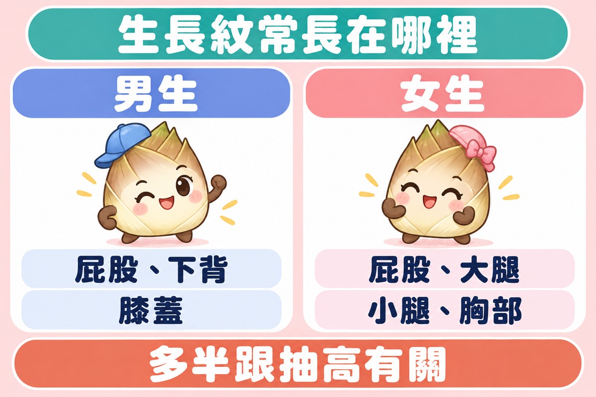 兩張卡片的整理圖:戴藍色小帽的竹筍代表男生,寫著屁股、下背、膝蓋;戴粉紅小帽的竹筍代表女生,寫著屁股、大腿、小腿、胸部;上方寫著生長紋常長在哪裡,下方寫著多半跟抽高有關