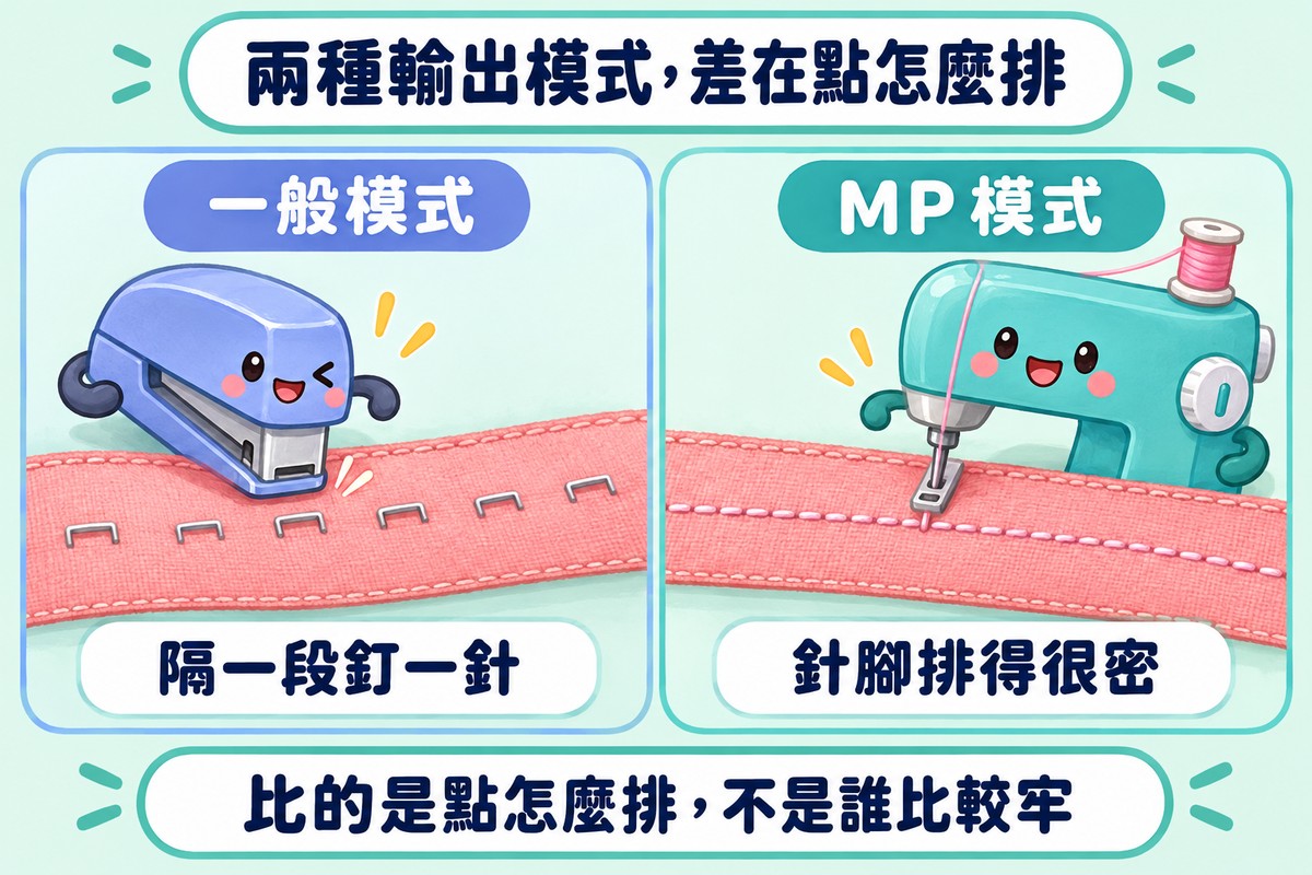兩格對照的比喻圖:左邊訂書機在布條上隔一段釘一針,代表一般模式;右邊縫紉機車出很密的針腳,代表 MP 模式