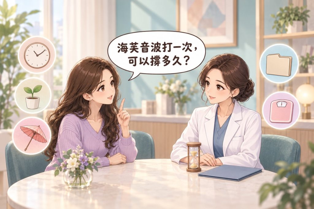 插畫：診間裡一位女性豎起一根手指、好奇地發問，穿白袍的醫師一手扶著桌上的小沙漏向她說明，周圍有時鐘、盆栽幼苗、陽傘、資料夾與體重計的小圖示