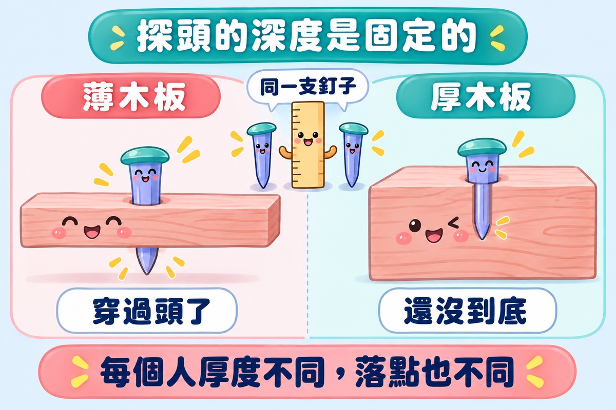 兩格對照的比喻圖:同一支長度固定的釘子,釘在薄木板上穿過頭,釘在厚木板上還沒到底