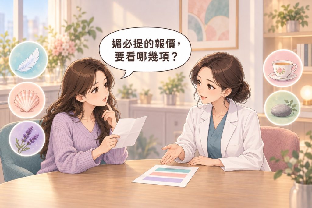 插畫：診間裡一位女性拿著一張空白的單子發問，對面穿白袍的醫師比著桌上只有色條、沒有字的單子向她說明，周圍有羽毛、貝殼、薰衣草、茶杯與小石頭的小圖示
