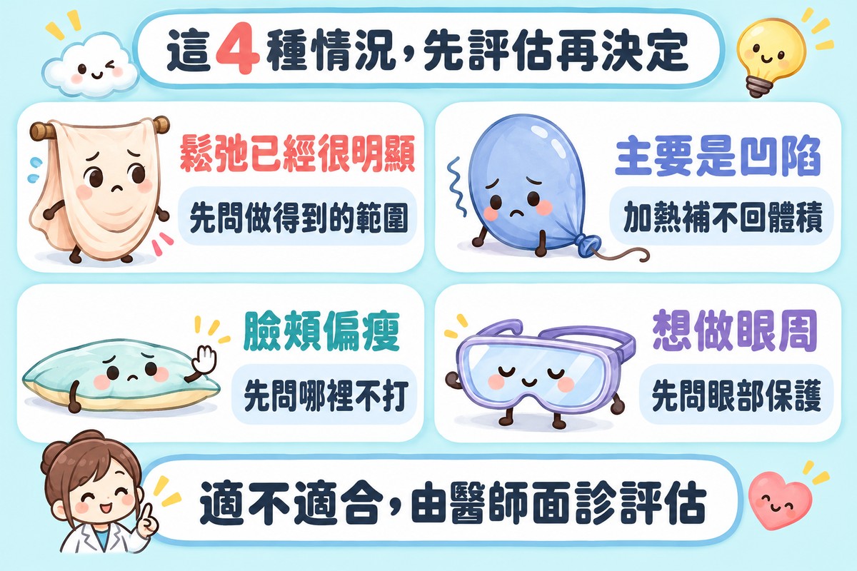 四張卡片列出要先評估的四種情況:鬆弛已經很明顯,先問做得到的範圍;主要是凹陷,加熱補不回體積;臉頰偏瘦,先問哪裡不打;想做眼周,先問眼部保護