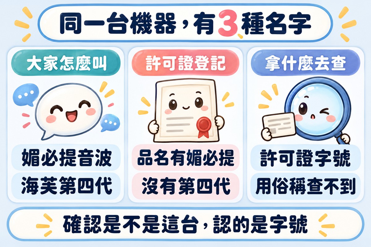 三張卡片說明同一台機器的三種名字:大家怎麼叫是媚必提音波、海芙第四代;許可證登記的品名有媚必提、沒有第四代;要查就用許可證字號,用俗稱查不到