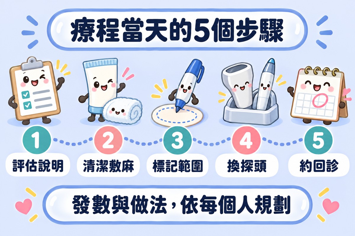由左到右的五個步驟:評估說明、清潔敷麻、標記範圍、換探頭、約回診,下方提醒發數與做法依每個人規劃