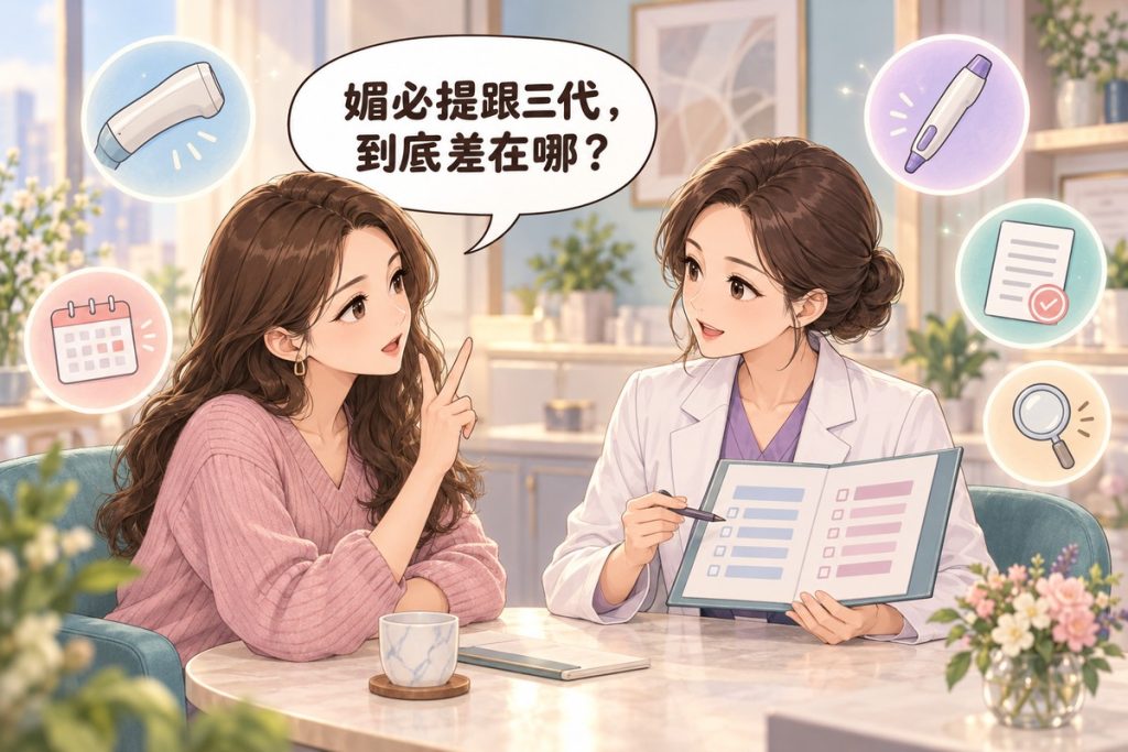 插畫:診間裡一位女性舉起兩根手指、好奇地發問,穿白袍的醫師拿著打開的資料夾向她說明,周圍有條狀探頭、筆型探頭、蓋了章的文件、放大鏡與日曆小圖示