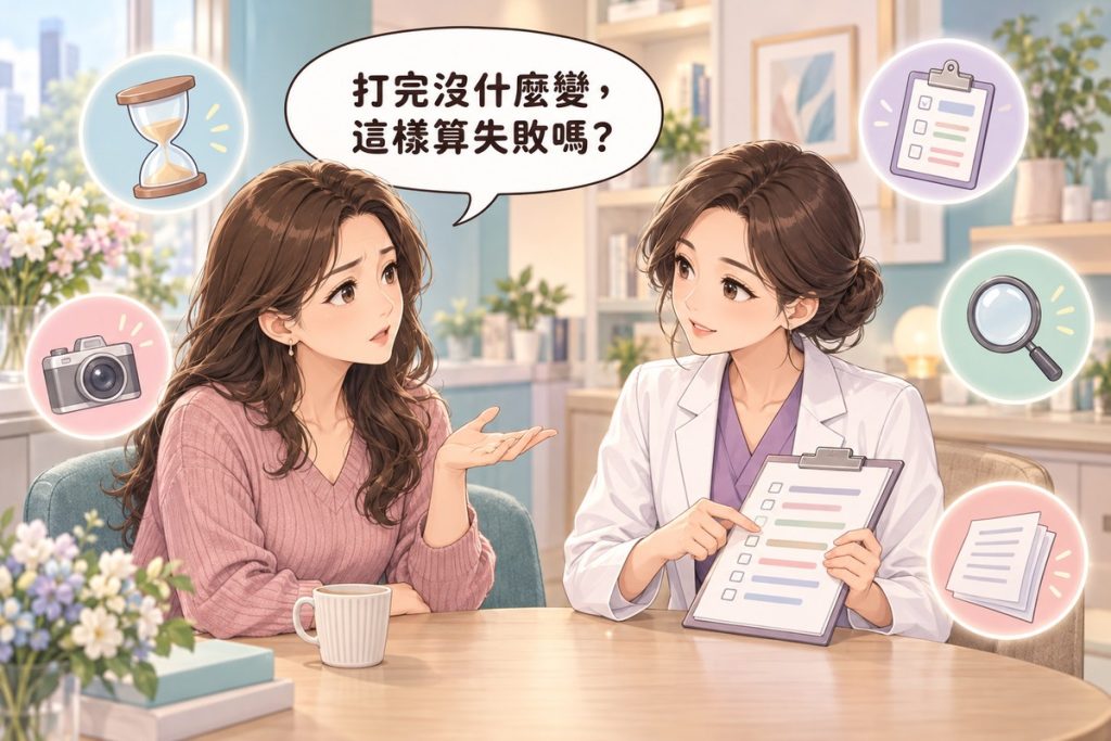 插畫:診間裡一位女性攤開手掌、表情困惑地發問,穿白袍的醫師拿著紀錄夾板向她說明,周圍有沙漏、夾板、放大鏡、相機與文件小圖示