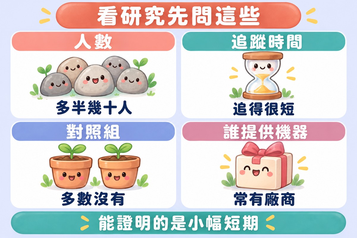 四張卡片的整理圖:一小群小石頭角色寫著人數、多半幾十人;沙漏角色寫著追蹤時間、追得很短;兩個一模一樣的小花盆寫著對照組、多數沒有;綁著緞帶的小禮物盒寫著誰提供機器、常有廠商;上方寫著看研究先問這些,下方寫著能證明的是小幅短期