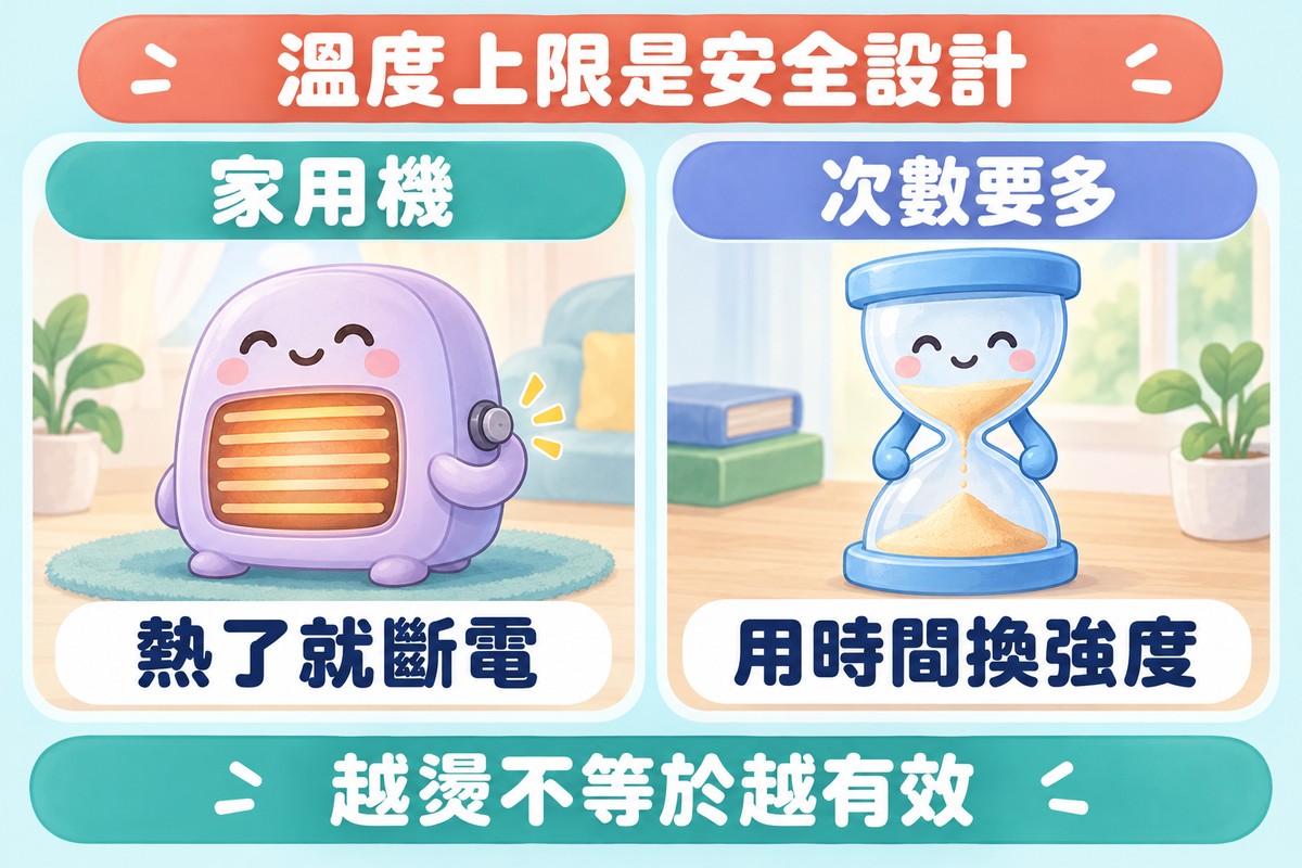 兩格的比喻圖:左邊小電暖器角色的開關自己關掉,只留柔和暖光,寫著家用機、熱了就斷電;右邊有耐心的沙漏角色,寫著次數要多、用時間換強度;上方寫著溫度上限是安全設計,下方寫著越燙不等於越有效