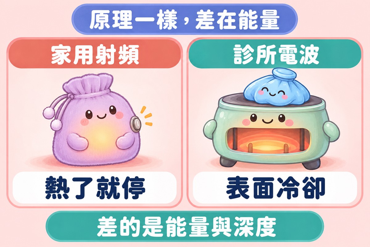 兩格對照的比喻圖:左邊小暖暖包角色側邊的小開關自己關掉了,寫著家用射頻、熱了就停;右邊比較大的爐子角色頂上放著冰敷包、熱在比較深的地方,寫著診所電波、表面冷卻;上方寫著原理一樣,差在能量,下方寫著差的是能量與深度