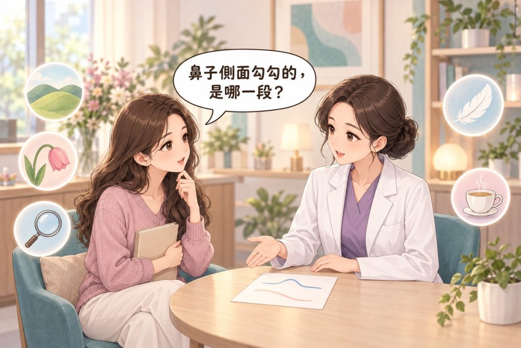 插畫：診間裡一位女性拿著空白的小筆記本發問，對面穿白袍的醫師比著桌上一張只畫了兩條柔和曲線的紙平靜說明，周圍有小山丘、低頭的小鬱金香、放大鏡、羽毛與茶杯的小圖示
