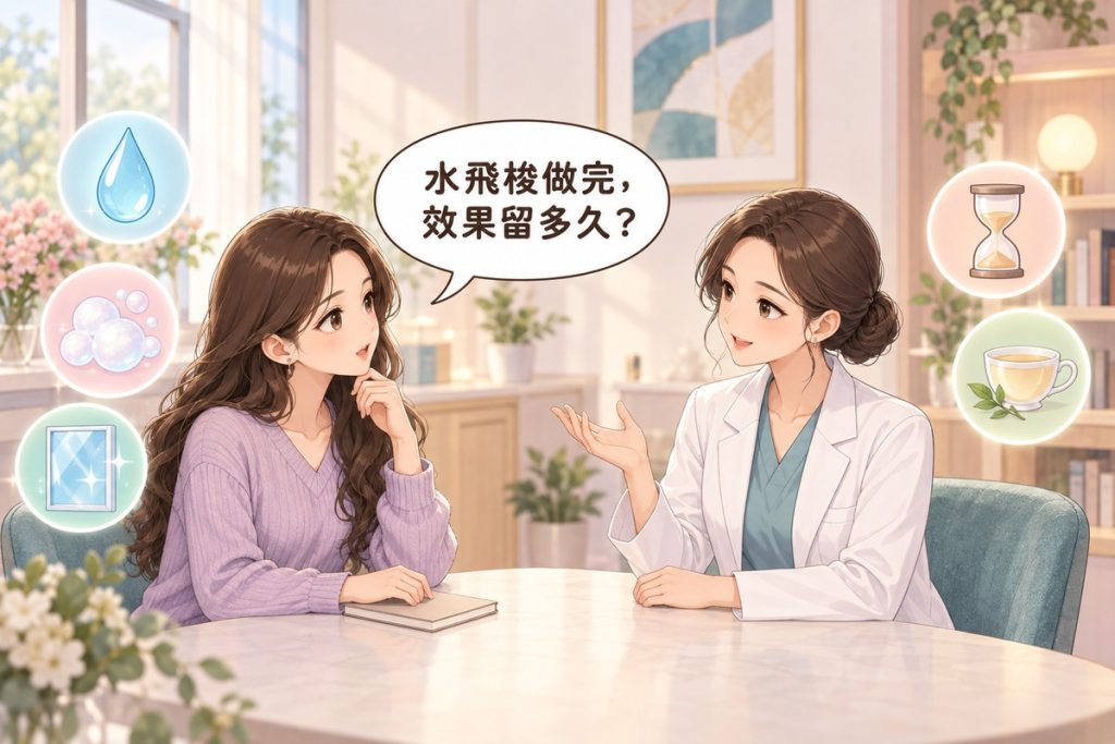 插畫：診間裡一位女性手放在空白的小筆記本上發問，對面穿白袍的醫師抬手平靜說明，周圍有小水滴、泡泡、亮晶晶的小窗戶、沒有刻度的小沙漏與茶杯的小圖示