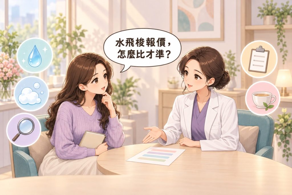 插畫：診間裡一位女性拿著空白的小筆記本發問，對面穿白袍的醫師比著桌上一張只有幾列柔和色塊的空白清單平靜說明，周圍有小水滴、泡泡、放大鏡、空白夾板與茶杯的小圖示