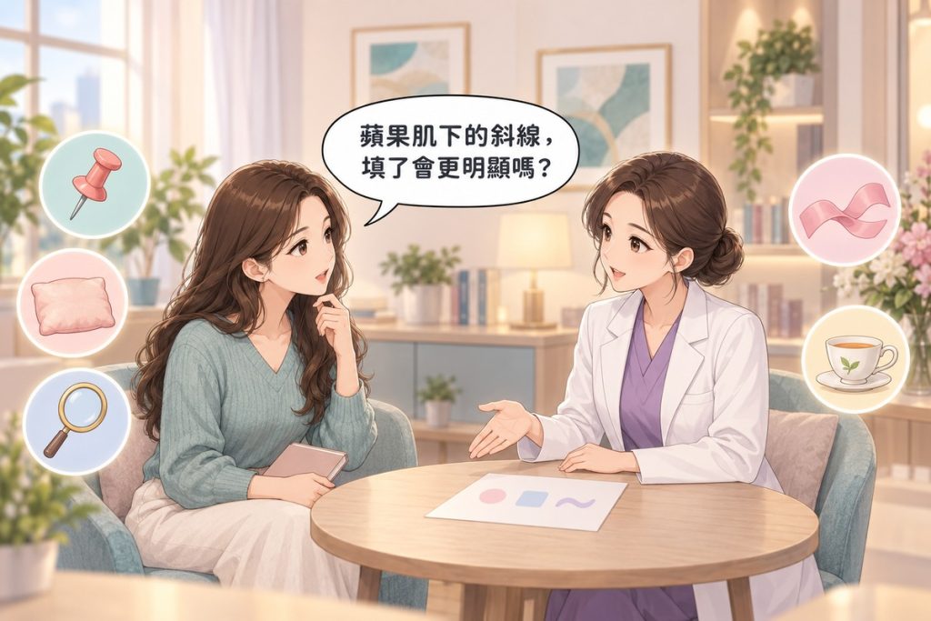 插畫：診間裡一位女性拿著一本空白小筆記本發問，對面穿白袍的醫師比著桌上一張只畫了三個柔和圖形的紙平靜說明，周圍有圖釘、軟墊、放大鏡、緞帶與茶杯的小圖示