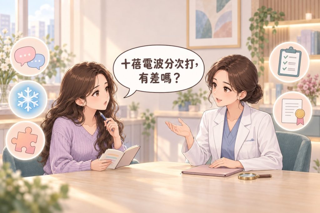 插畫:診間裡一位女性拿著打開的筆記本與筆發問,穿白袍的醫師一手放在桌上的資料夾上向她說明,桌上有一支放大鏡,周圍有對話框、雪花、拼圖、打勾的板夾與證書的小圖示