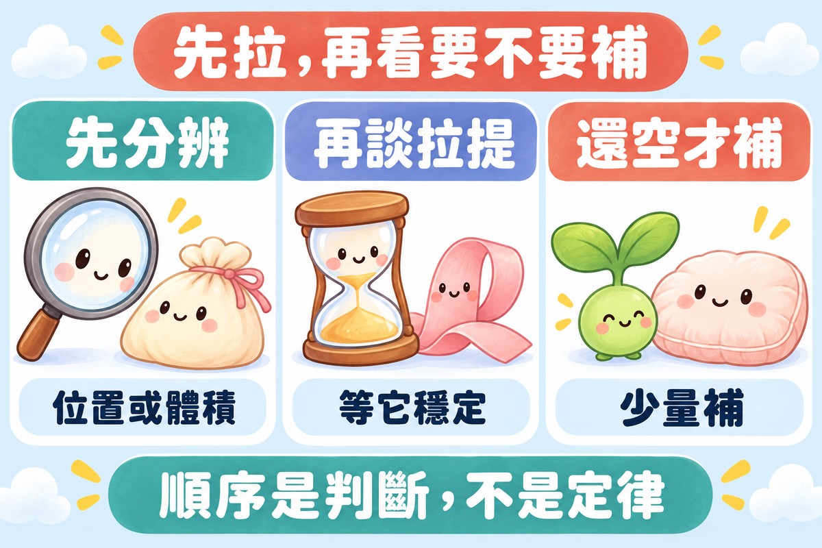三張卡片的整理圖:放大鏡看著布袋代表先分辨位置或體積,沙漏與緞帶代表再談拉提、等它穩定,小芽與坐墊代表還空才補、少量補;下方寫著順序是判斷,不是定律