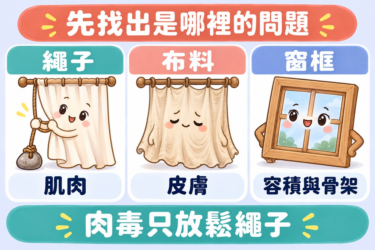 三張卡片的比喻圖:被一條拉繩往下扯的小窗簾寫著繩子、肌肉;一塊舊舊垂垂的窗簾布寫著布料、皮膚;一個有點歪的小窗框寫著窗框、容積與骨架;上方寫著先找出是哪裡的問題,下方寫著肉毒只放鬆繩子