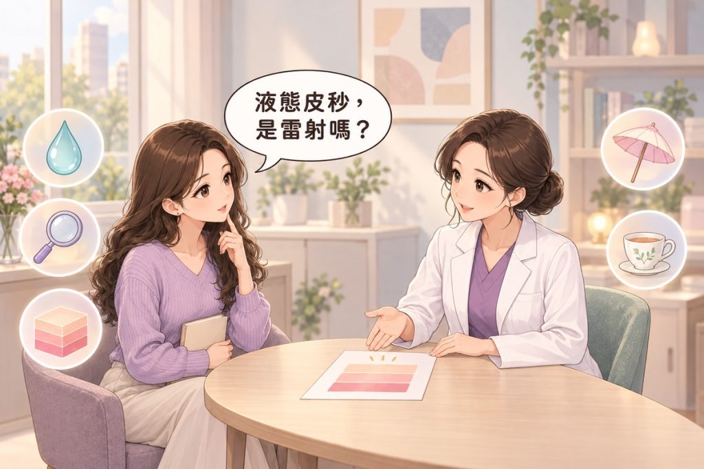 插畫：診間裡一位女性拿著空白的小筆記本發問，對面穿白袍的醫師比著桌上一張只有三層色帶、最上面一層被輕輕標亮的紙平靜說明，周圍有小水滴、放大鏡、三層果凍、陽傘與茶杯的小圖示