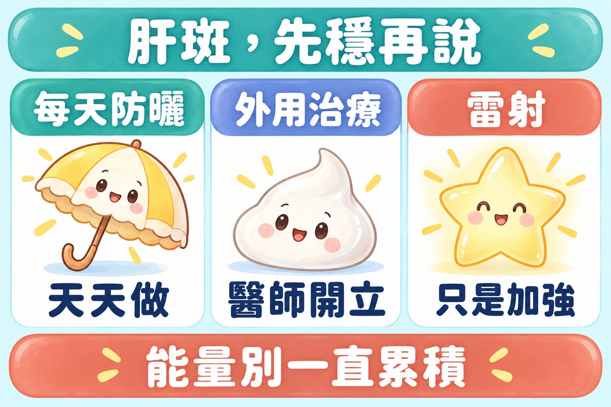 三張卡片的整理圖:陽傘代表每天防曬、一團乳霜代表醫師開立的外用治療、發光的小星星代表雷射只是加強;下方寫著能量別一直累積