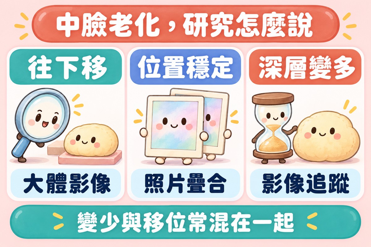 三張卡片的整理圖:放大鏡看著往下移的坐墊代表大體影像研究看到往下移,兩個疊在一起的空白相框代表照片疊合看到位置穩定,沙漏旁下半部較飽滿的坐墊代表影像追蹤看到深層變多;下方寫著變少與移位常混在一起